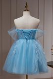 Lovely Light Blue Tulle Short Beaded Formal Dress, Blue Homecoming Dress HZ0527