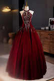 A Line Velvet Sequin Burgundy Long Prom Dress, Burgundy Long Formal Dress HZ0527