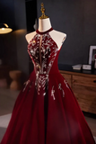A Line Velvet Sequin Burgundy Long Prom Dress, Burgundy Long Formal Dress HZ0527