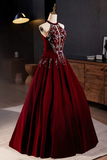 A Line Velvet Sequin Burgundy Long Prom Dress, Burgundy Long Formal Dress HZ0527