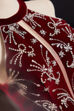 A Line Velvet Sequin Burgundy Long Prom Dress, Burgundy Long Formal Dress HZ0527