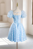 A Line Puff Sleeves Tulle Lace Blue Short Prom Dress, Blue Homecoming Dress HZ0527