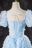 A Line Puff Sleeves Tulle Lace Blue Short Prom Dress, Blue Homecoming Dress HZ0527