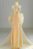 Unique Halter A Line Prom Dress, Open Back Evening Gown With Bowknot HZ0527