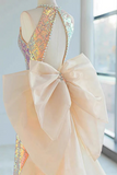 Unique Halter A Line Prom Dress, Open Back Evening Gown With Bowknot HZ0527