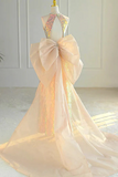 Unique Halter A Line Prom Dress, Open Back Evening Gown With Bowknot HZ0527
