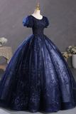 Blue Tulle Sequins Long Formal Dress, A Line Short Sleeve Evening Party Dress HZ0527