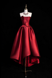 A Line Satin Short Prom Dress, Burgundy Strapless High Low Party Dress HZ0527