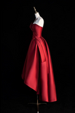 A Line Satin Short Prom Dress, Burgundy Strapless High Low Party Dress HZ0527