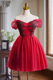 A Line Off Shoulder V Neck Tulle Burgundy Short Prom Dress with Beads HZ0527