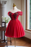 A Line Off Shoulder V Neck Tulle Burgundy Short Prom Dress with Beads HZ0527