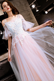 Blue And Pink Off Shoulder Floor Length With Lace Applique Party Dress, Pink Formal Dress Prom Dress HZ0527