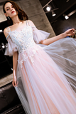 Blue And Pink Off Shoulder Floor Length With Lace Applique Party Dress, Pink Formal Dress Prom Dress HZ0527