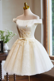 Cute Tulle Lace Knee Length Prom Dress, Champagne Off the Shoulder Evening Party Dress HZ0527