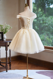 Cute Tulle Lace Knee Length Prom Dress, Champagne Off the Shoulder Evening Party Dress HZ0527