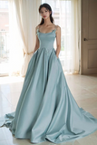 Chic Blue Satin A Line Straps Beaded Long Evening Dress, Blue Satin Prom Dress HZ0527