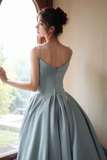 Chic Blue Satin A Line Straps Beaded Long Evening Dress, Blue Satin Prom Dress HZ0527