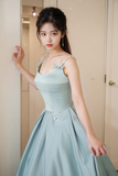 Chic Blue Satin A Line Straps Beaded Long Evening Dress, Blue Satin Prom Dress HZ0527