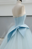 A Line Satin Tulle Blue Long Prom Dress, Blue Long Formal Dress HZ0527