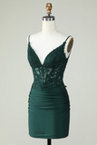 Spaghetti Straps Dark Green Corset Homecoming Dress With Appliques HZ0527