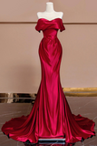 Wine Red Satin Off Shoulder Evening Dress, Wine Red Long Party Dress HZ0527