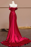 Wine Red Satin Off Shoulder Evening Dress, Wine Red Long Party Dress HZ0527