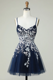A Line Navy Corset Homecoming Dress With Appliques HZ0527