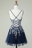 A Line Navy Corset Homecoming Dress With Appliques HZ0527