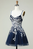 A Line Navy Corset Homecoming Dress With Appliques HZ0527