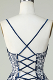 A Line Navy Corset Homecoming Dress With Appliques HZ0527