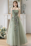 A Line Tulle Beads Green Long Prom Dress, Green Long Formal Dress HZ0527