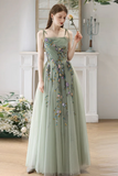 A Line Tulle Beads Green Long Prom Dress, Green Long Formal Dress HZ0527