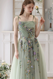 A Line Tulle Beads Green Long Prom Dress, Green Long Formal Dress HZ0527