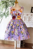 Cute Lace Flowers Short Homecoming Dress, Purple Short Prom Dress HZ0527