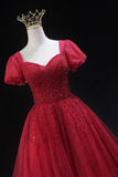 Burgundy Tulle Beaded Knee Length Party Dress, A Line Short Sleeve Evening Party Dress HZ0527