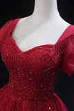 Burgundy Tulle Beaded Knee Length Party Dress, A Line Short Sleeve Evening Party Dress HZ0527