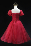 Burgundy Tulle Beaded Knee Length Party Dress, A Line Short Sleeve Evening Party Dress HZ0527