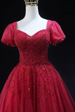 Burgundy Tulle Beaded Knee Length Party Dress, A Line Short Sleeve Evening Party Dress HZ0527