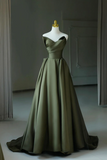 Dark Green Satin V Neck Long Prom Dress, A Line Strapless Evening Party Dress HZ0527