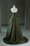 Dark Green Satin V Neck Long Prom Dress, A Line Strapless Evening Party Dress HZ0527