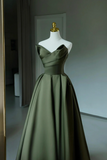 Dark Green Satin V Neck Long Prom Dress, A Line Strapless Evening Party Dress HZ0527