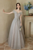 Cute A Line Light Grey Off Shoulder Shiny Tulle Prom Dress, Light Grey Party Dress HZ0527