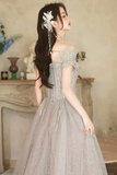Cute A Line Light Grey Off Shoulder Shiny Tulle Prom Dress, Light Grey Party Dress HZ0527