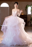 Pink and White Tulle Beaded Layers Sweet 16 Dress, Tulle Long Prom Dress HZ0527