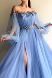 Elegant Blue Long Sleeves Off the Shoulder Beaded Crystal Side Slit Prom Dresses HZ0527