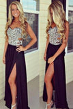 Silver Sleeveless Side Slit Black Evening Party Prom Dress HZ0527
