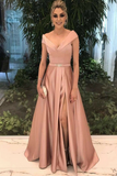 A-Line Deep V-Neck Floor-Length Split-Side Blush Satin Prom Dress with Belt HZ0527