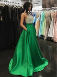 A-Line Halter Backless Sweep Train Royal Blue Prom Dress with Beading Pockets HZ0527