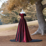 Black and Red Off Shoulder Satin Long Prom Dress, Off the Shoulder Party Dress HZ0527