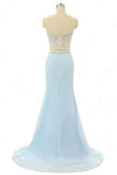 Elegant Mermaid Sweetheart Chiffon Sweep Train Split Front Light Sky Blue Prom Dresses HZ0527